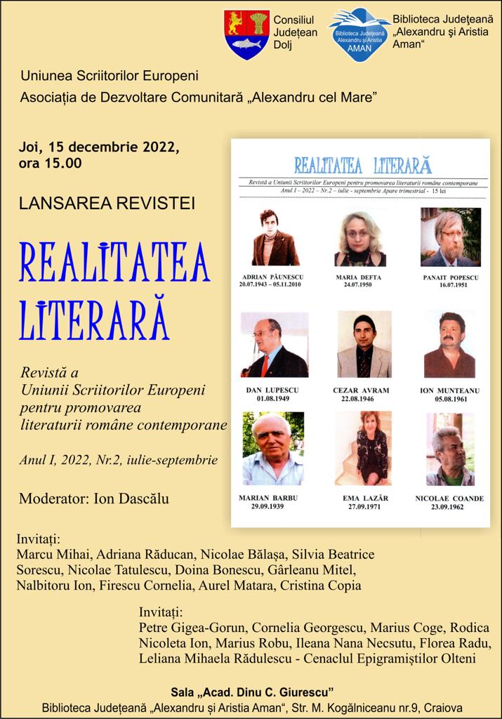 Biblioteca Județeană „Alexandru și Aristia Aman” găzduiește lansarea Revistei „Realitatea Literară”