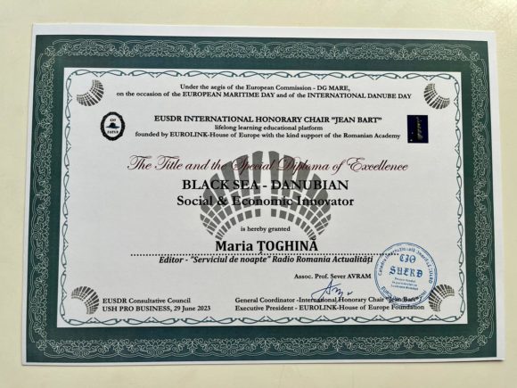 Jurnalista Maria Țoghină, distinsă cu titlul și diploma specială de excelență „Black Sea-Danubian Social & Economic Innovator”