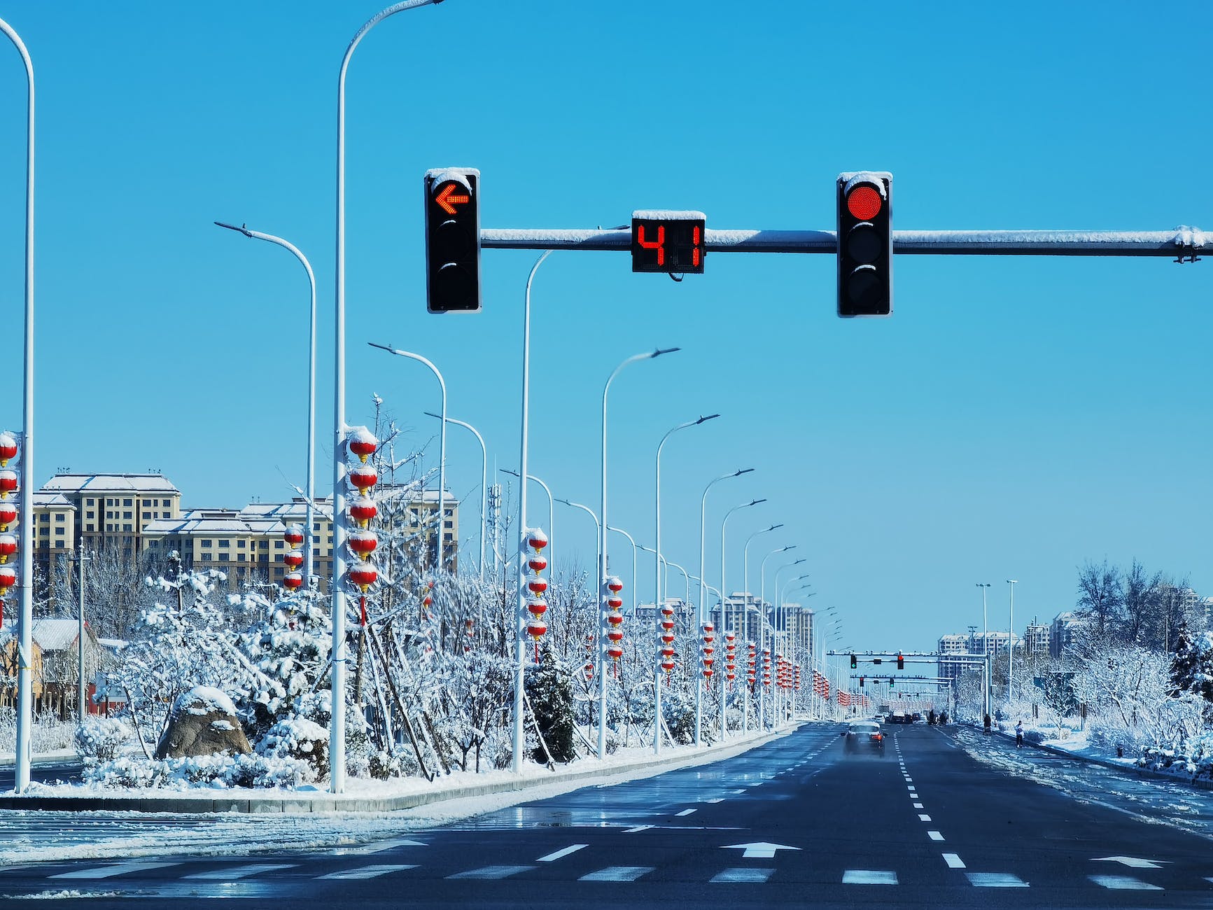 red light in city in winter