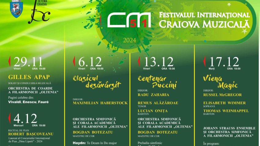 Filarmonica Oltenia Craiova deschide astăzi cea de-a 51-a ediție a Festivalului Internațional „Craiova Muzicală”